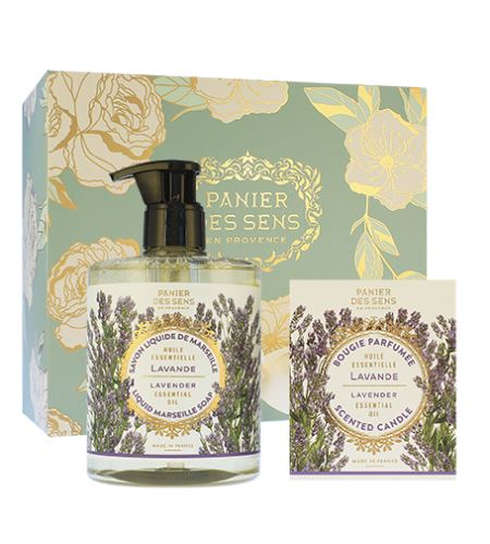 Panier Des Sens Relaxing Lavender darčeková sada tekuté mydlo 500 ml + vonná sviečka 180 g