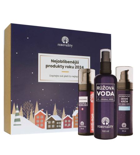 Renovality Original Series najobľúbenejšie produkty roku 2024 Bakuchiolové sérum 30 ml + růžová voda 100 ml + denní krém s kyselinou hyaluronovou 30 ml