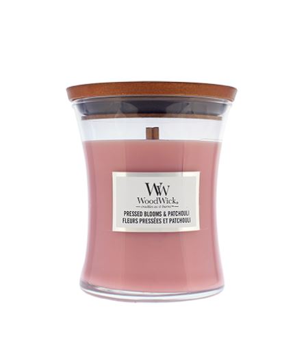 WoodWick Pressed Blooms & Patchouli vonná sviečka s dreveným knôtom 275 g