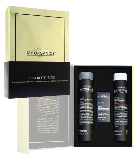 MY.ORGANICS Restructuring Deluxe 2023 darčeková sada šampón pre poškodené vlasy 250 ml + kondicionér pre poškodené vlasy 250 ml + vlasový elixír 30 ml