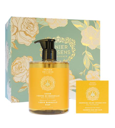 Panier Des Sens Regenerating Honey darčeková sada tekuté mydlo 500 ml + tuhý šampón pre suché vlasy 75 g