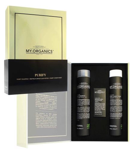 MY.ORGANICS Purify Deluxe 2023 darčeková sada šampón proti vypadávaniu vlasov + kondicionér proti vypadávaniu vlasov + vlasový elixír 30 ml