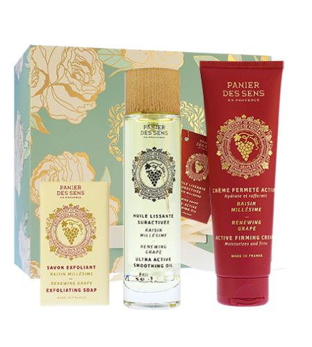 Panier Des Sens Renewing Grape darčeková sada exfoliačné mydlo 150 g + suchý telový olej 100 ml + spevňujúci telový krém 140 ml